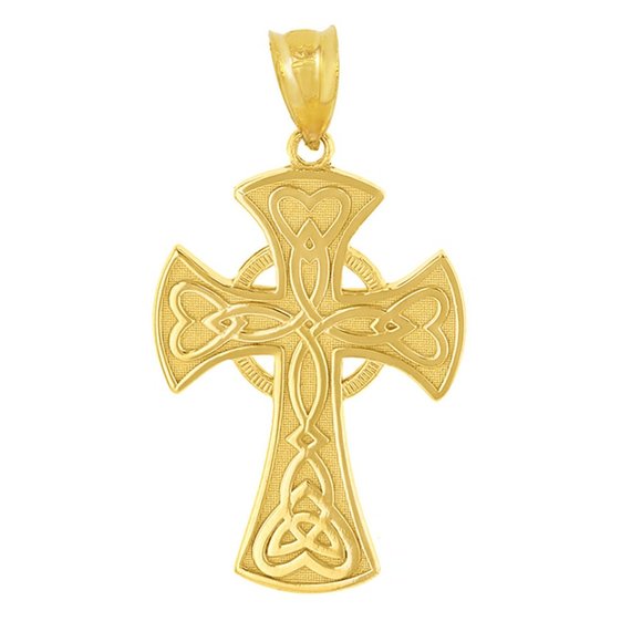 14K Solid Gold Celtic Knot Halo Cross Woven Hearts Pendant - Yellow, Rose, White